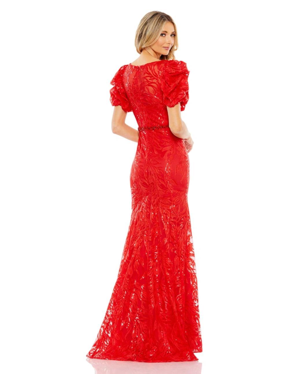 Puff Sleeve Embroidered Trumpet Evening Gown In Red Product Image