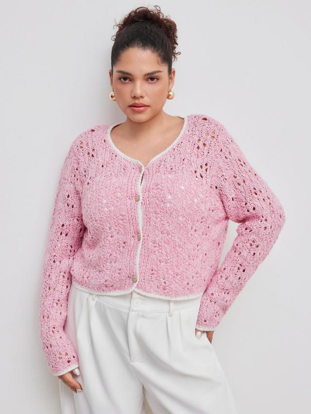 Wool-blend Knitted Round Neckline Solid Heart Button Hollow Out Crop Cardigan Curve & Plus Product Image