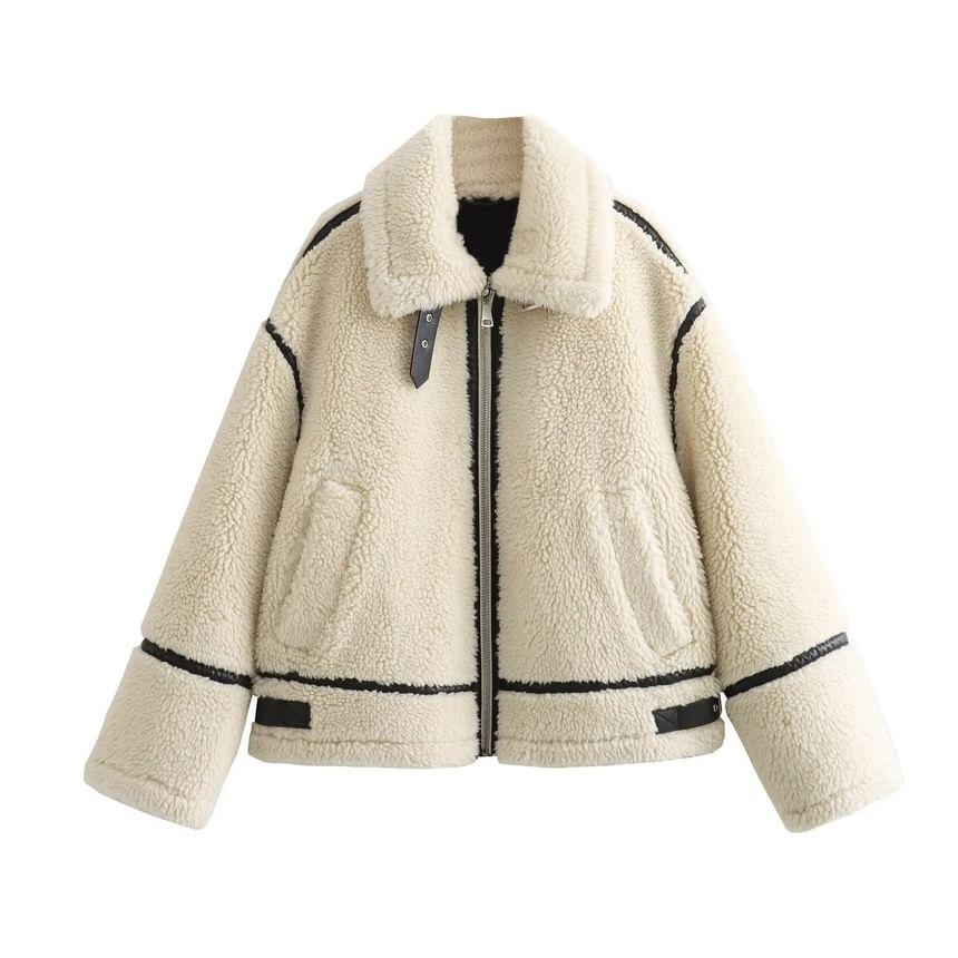 Collar Two Tone Fleece Zip Jacket Product Image