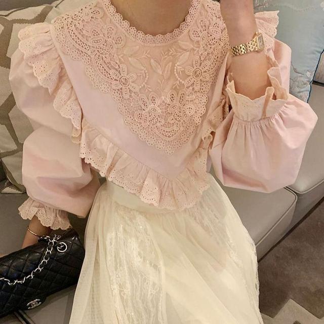 Long-Sleeve Lace Asymmetrical Plain Blouse Product Image