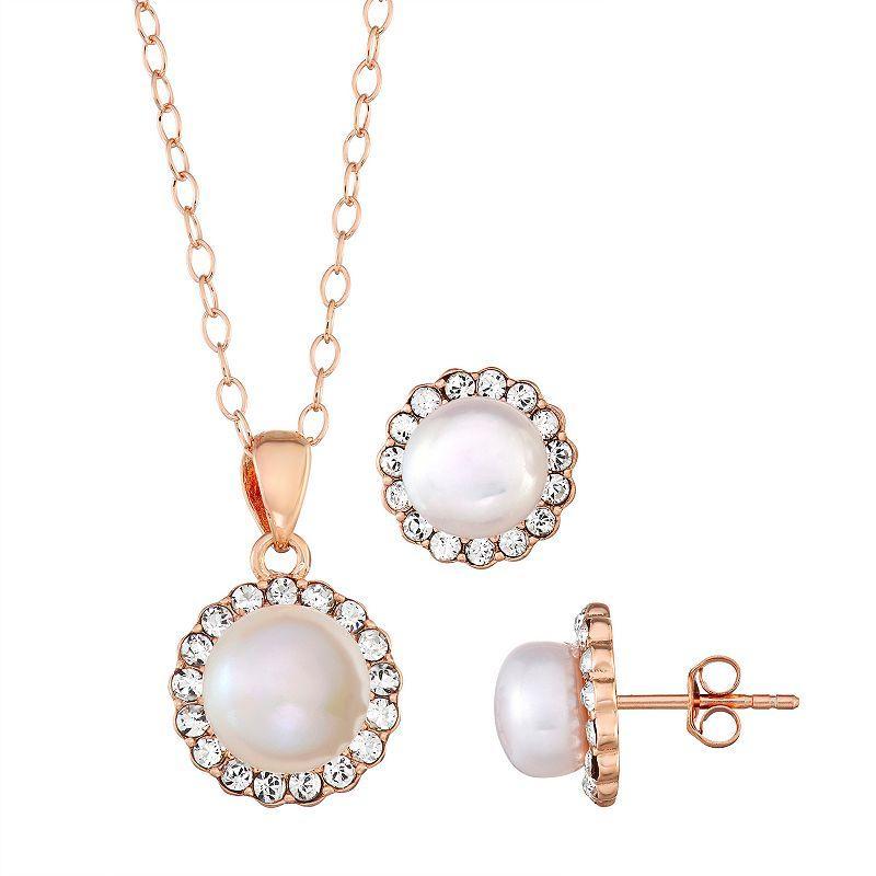 Sterling Silver Cultured Freshwater Pearl & Crystal Halo Pendant & Earrings Set, Womens Pink Tone Product Image