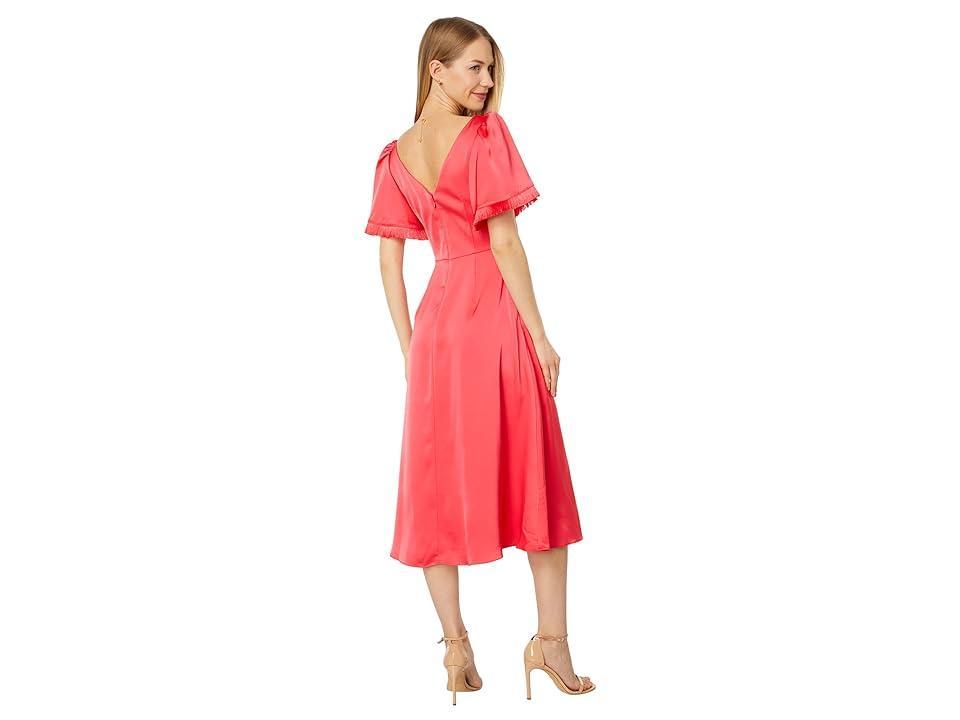 Vince Camuto Crepe Back Flutter Sleeve Satin Midi Dress (Hot Coral) Women's Dress Product Image