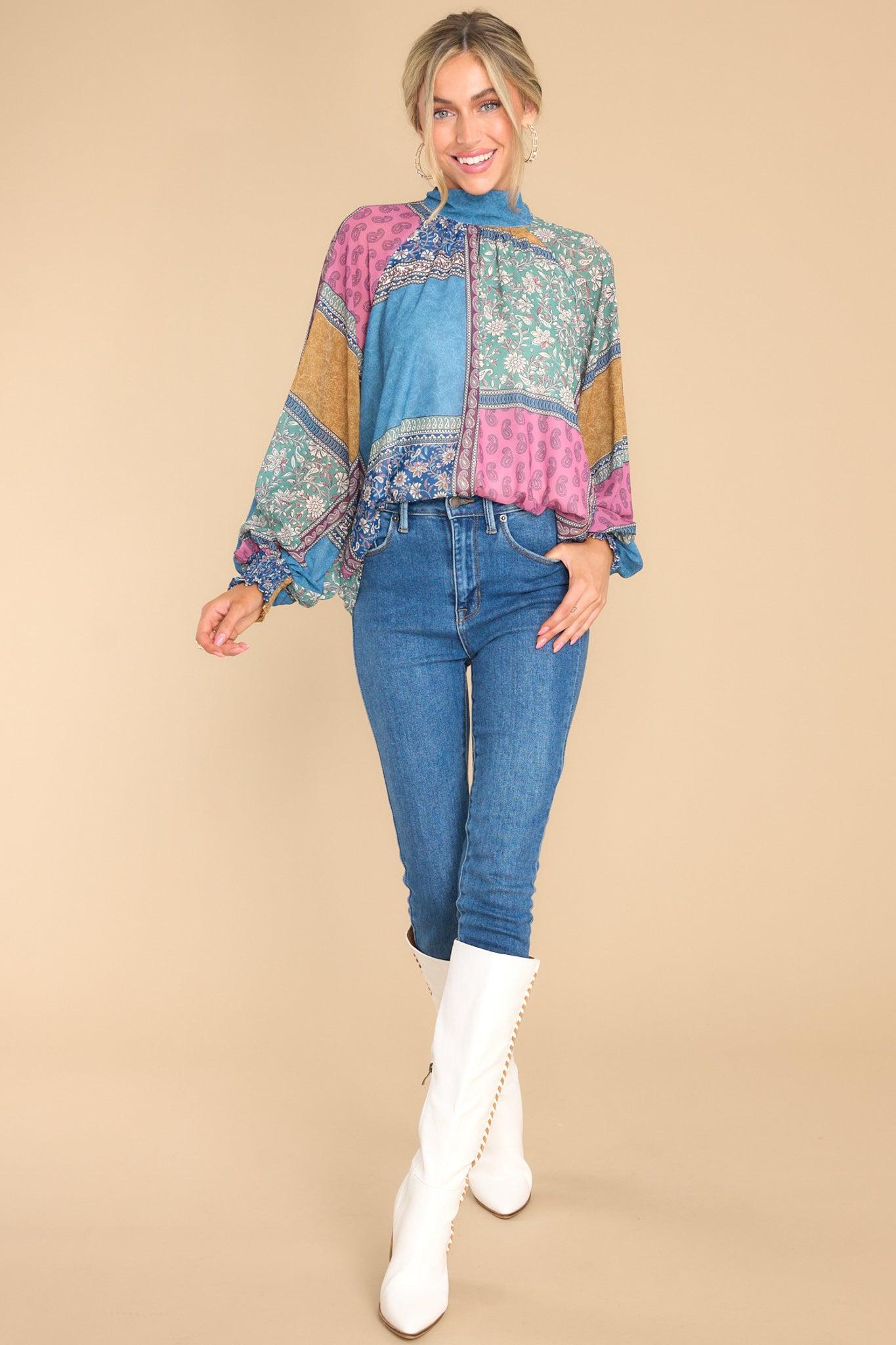 Aura Captivating Heart Dusty Blue Patchwork Print Top Product Image