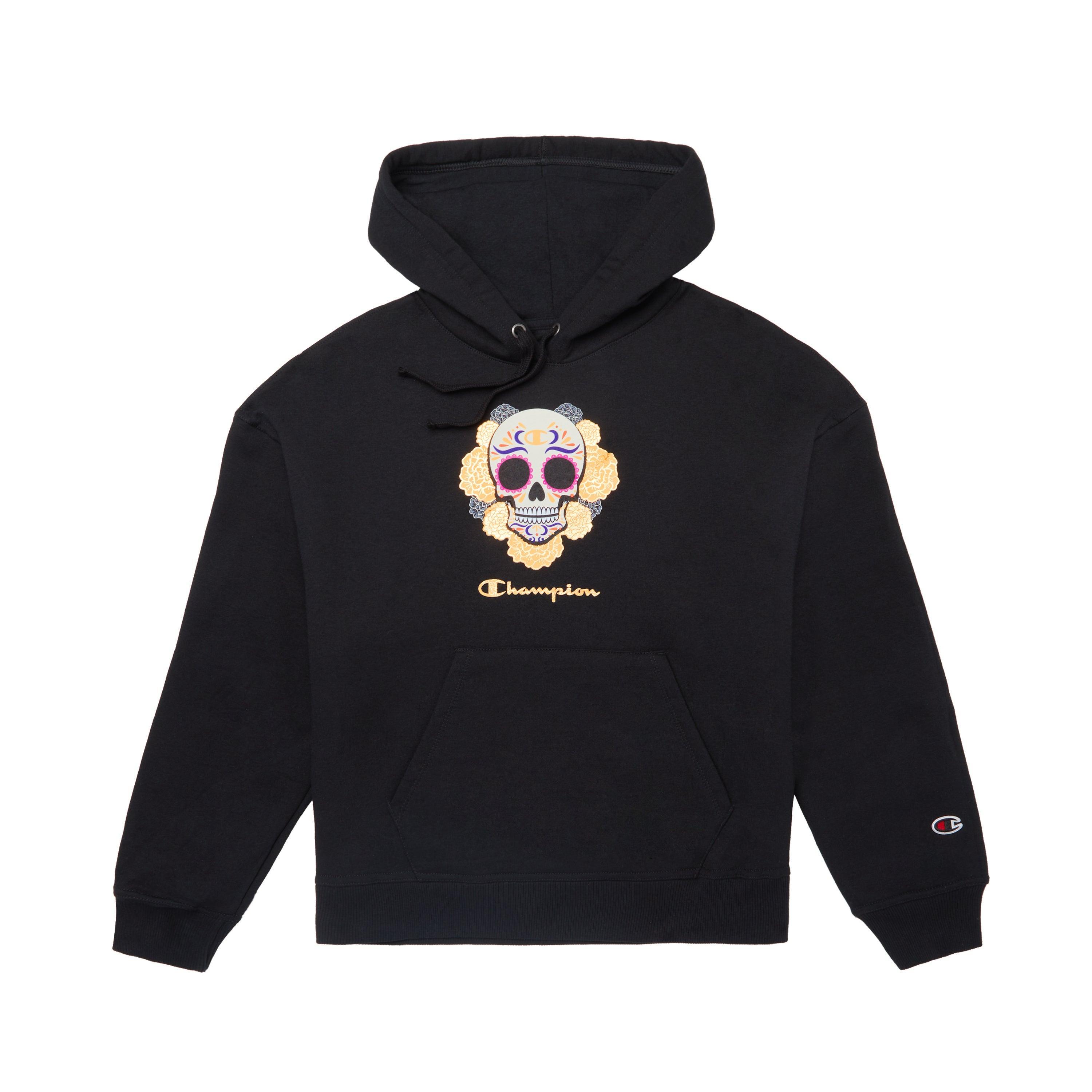 Womens Champion Powerblend Hoodie, Sugar Skull, Classic Script Logo Black S Product Image