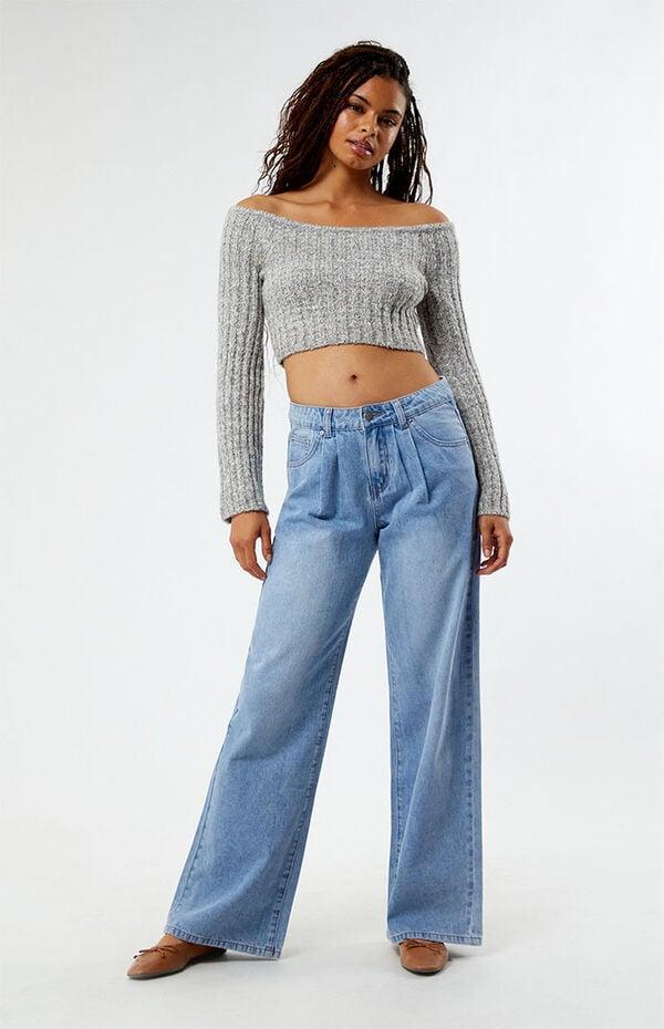 Womens Light Blue Pleated Low Rise Baggy Jeans Product Image