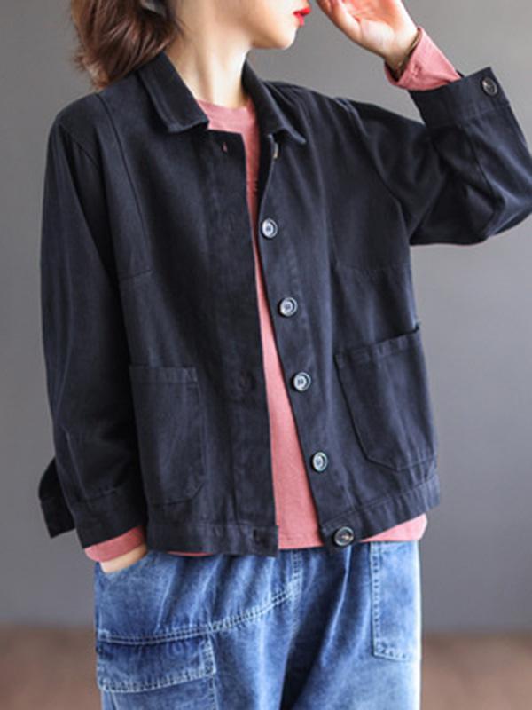 Vintage Loose Long Sleeves Buttoned Solid Color Lapel Collar Outerwear Product Image