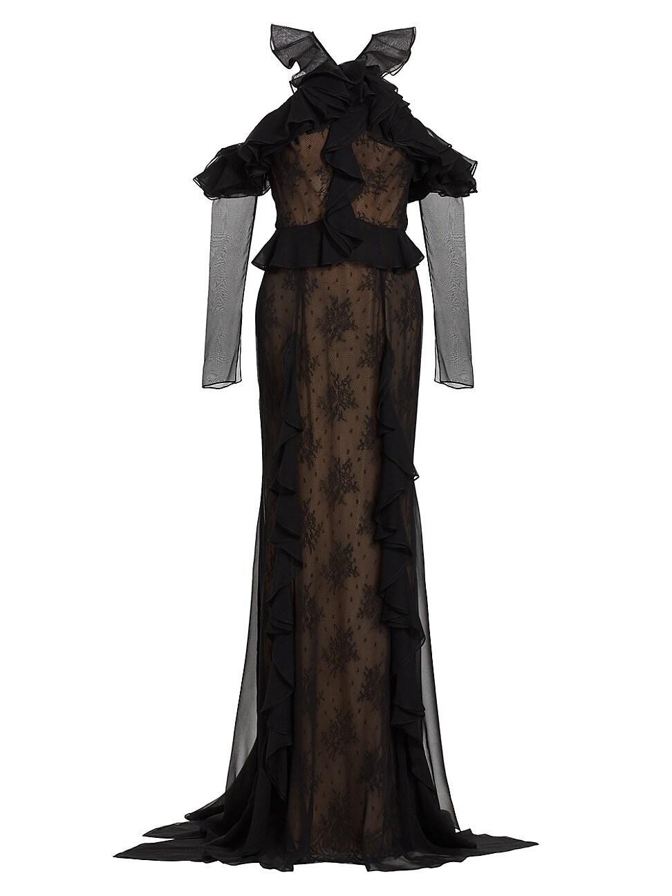 Womens Ruffle-Embellished Lace Gown Product Image