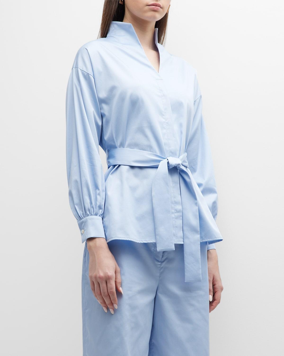 Misook Belted Funnel-Neck Cotton Poplin Blouse - Size: MEDIUM - CIRRUS BLUE Product Image