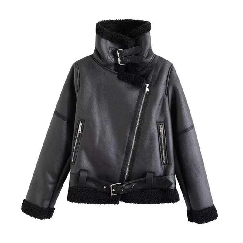 Fleece-Lined Faux Leather Belted Zip Biker Jacket Product Image