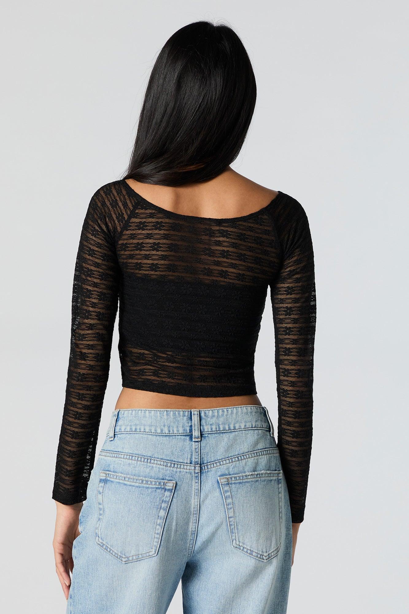 Floral Lace Long Sleeve Crop Top Female Product Image