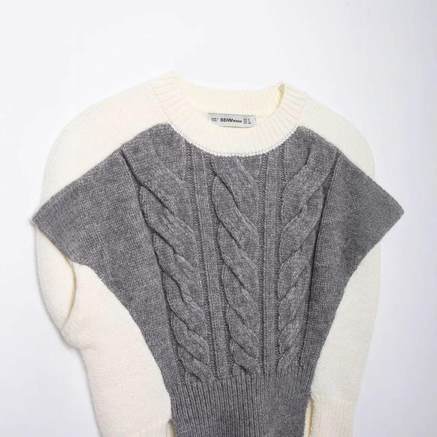 Cap-Sleeve Crewneck Two Tone Knit Top Product Image