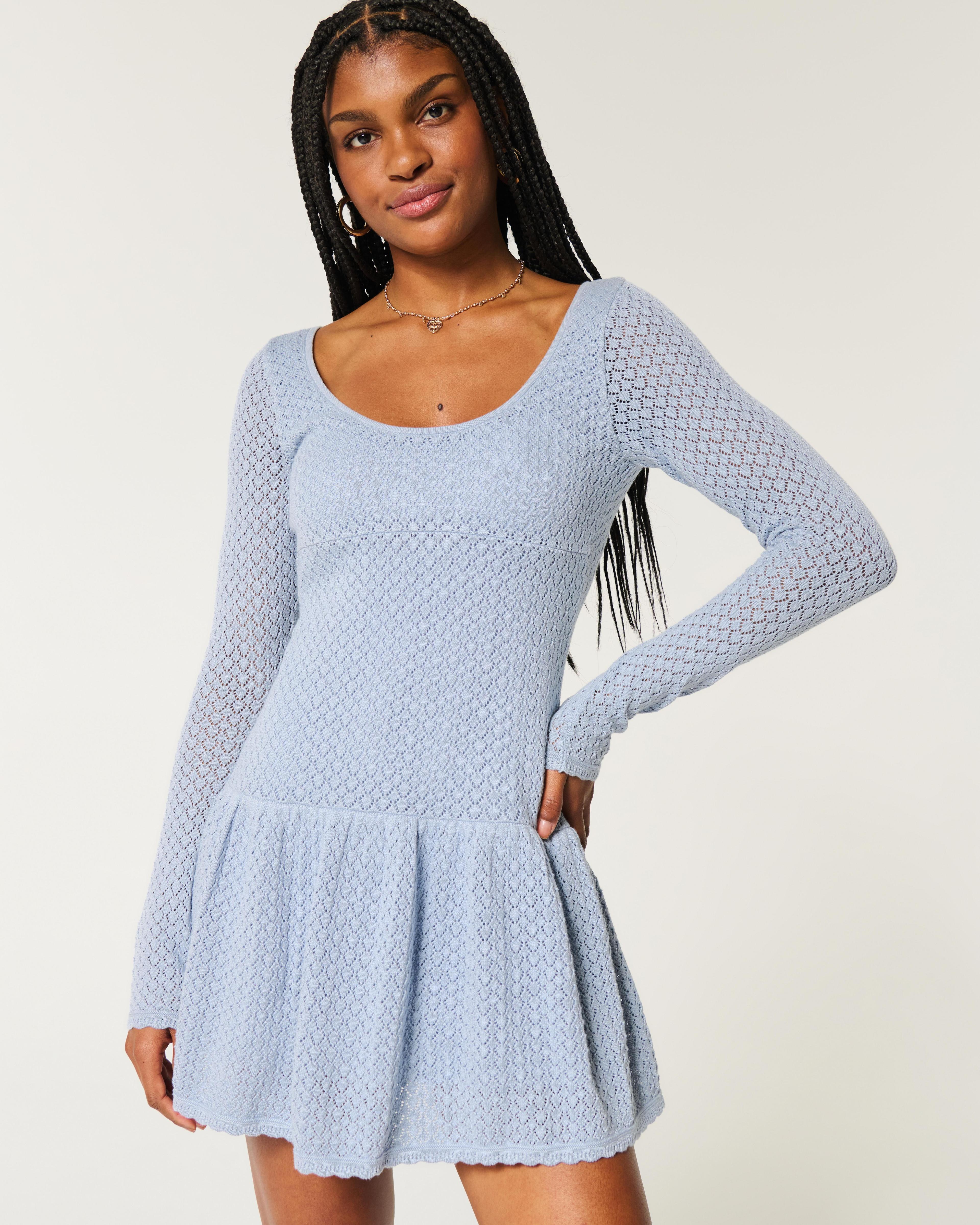 Long-Sleeve Crochet-Style Mini Skater Dress Product Image