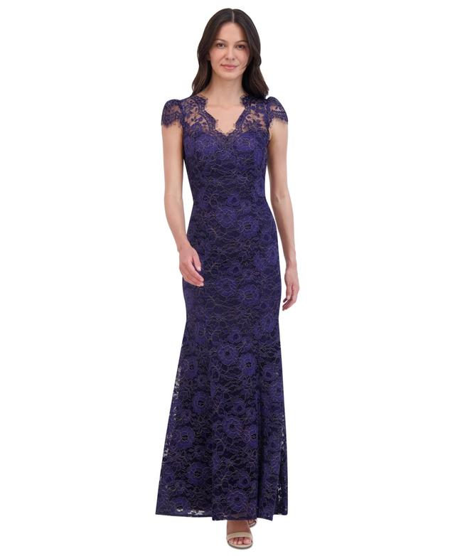 Eliza J Womens Metallic Floral Lace Cap-Sleeve Gown Product Image