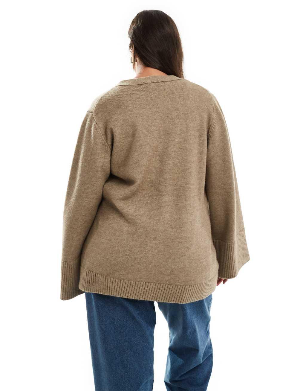 Pretty Lavish Curve chunky cuff knit cardigan in taupe Product Image