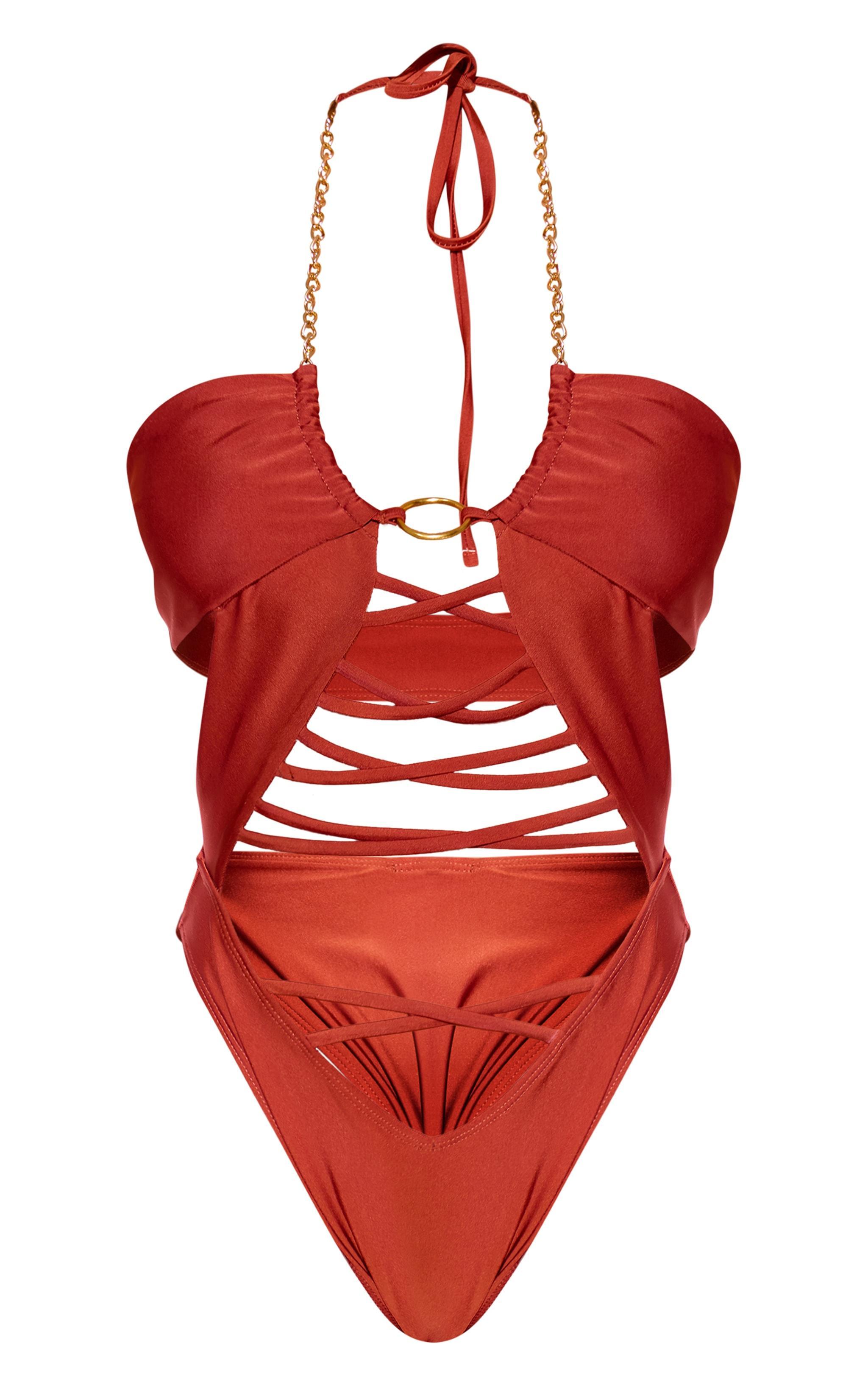 Rust Lace Up Chain Detail Cut Out Swimsuit Product Image