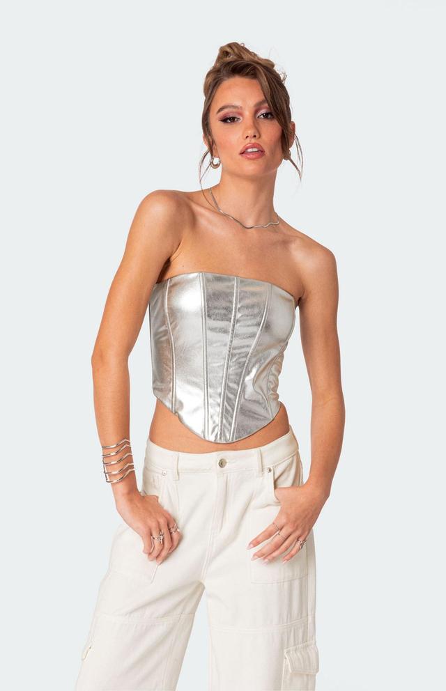 Edikted Womens Mabel Metallic Faux Leather Corset - Silverarge Product Image