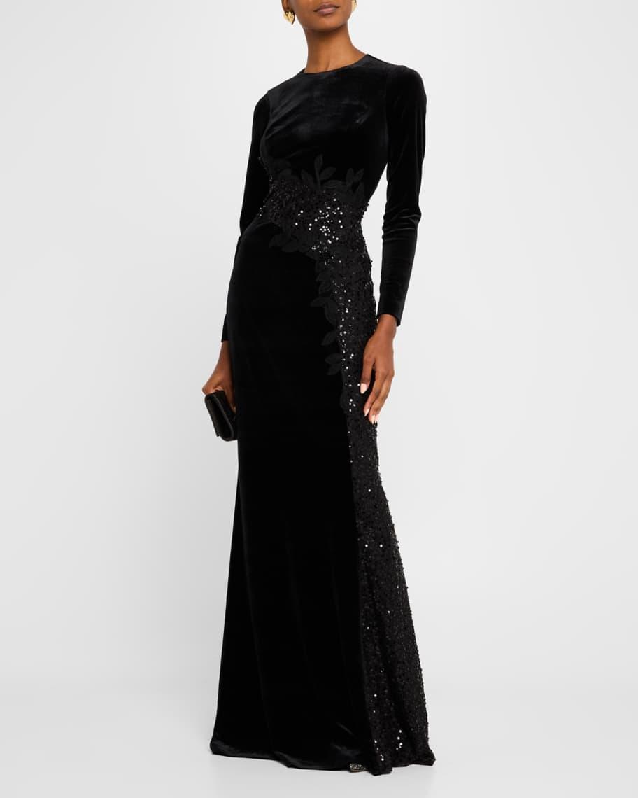 Floral-Embroidered Sequin Velvet Gown Product Image