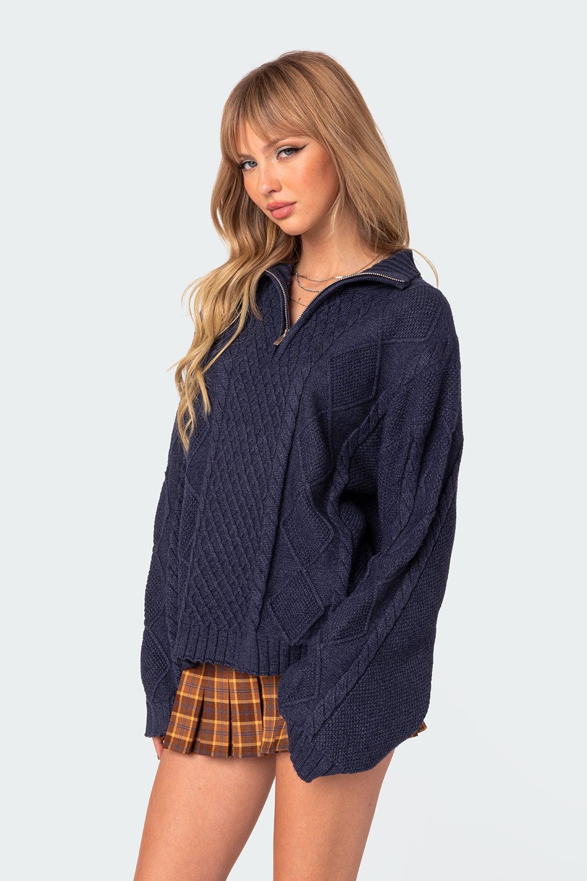 Oversized Quarter Zip Cable Knit Sweater Product Image