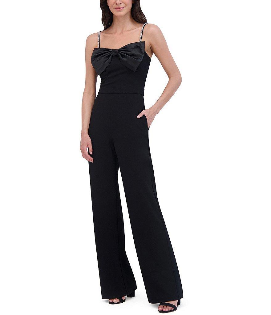 Eliza J Scuba Crepe Square Bow Neck Sleeveless Jeweled Strap Straight Leg Jumpsuit Product Image