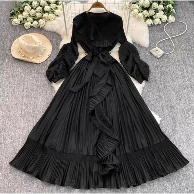 Long-Sleeve V-Neck Plain Ruffle Trim Crinkle Tie Waist Maxi A-Line Dress Product Image