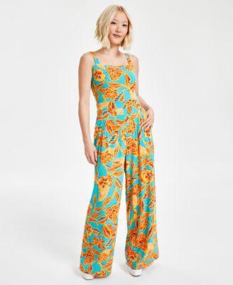 Petite Floral-Print Square-Neck Wide-Leg Jumpsuit, Created for Macy's Product Image