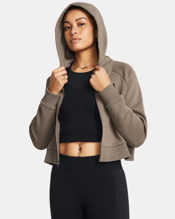 Womens Under Armour Rival Fleece Crop Full-Zip Hoodie Gray Light Grey Product Image