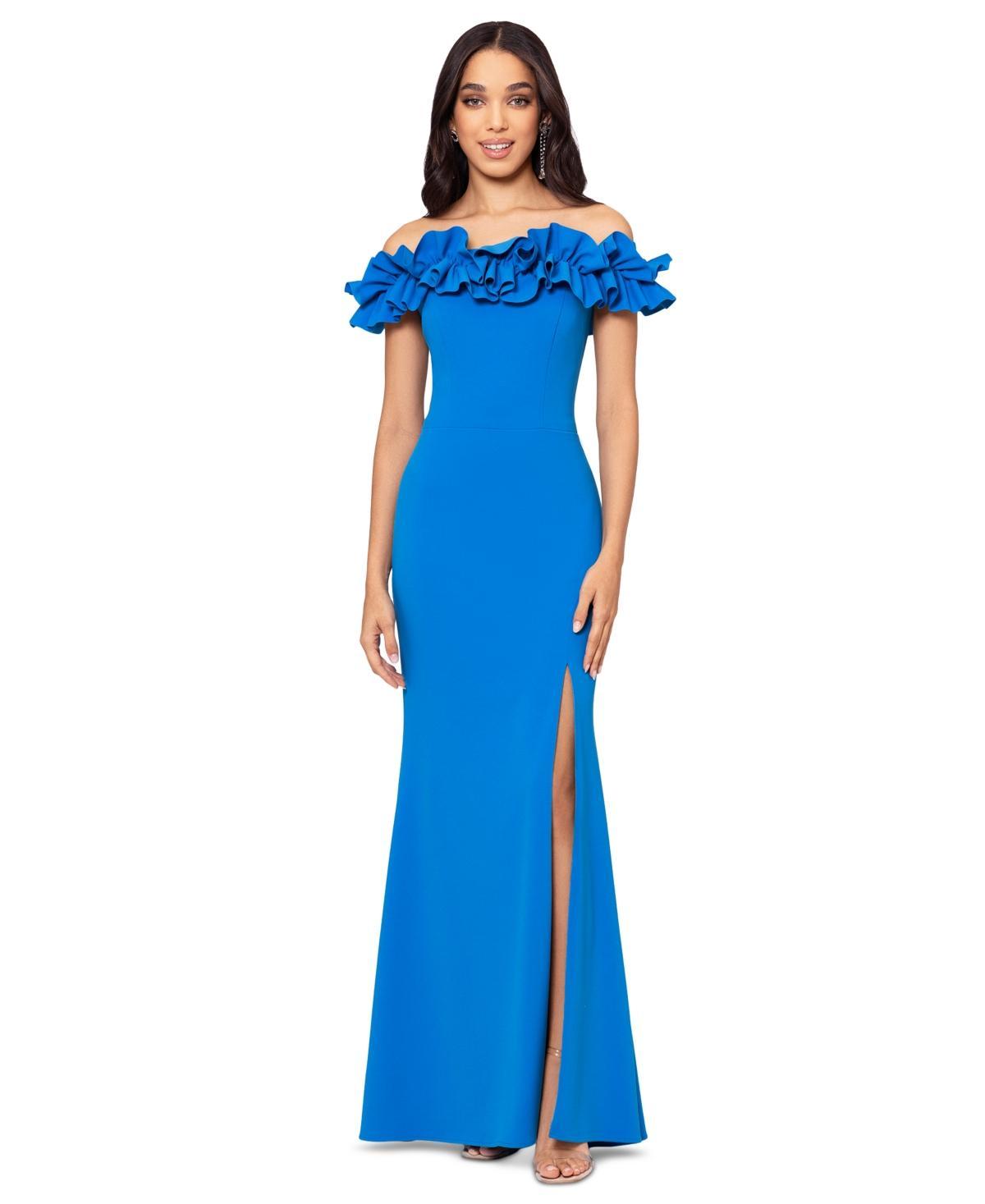 Xscape Evenings Off the Shoulder Ruffle Crepe Trumpet Gown Product Image