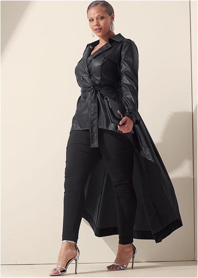 High-Low Faux-Leather Coat - Black Product Image