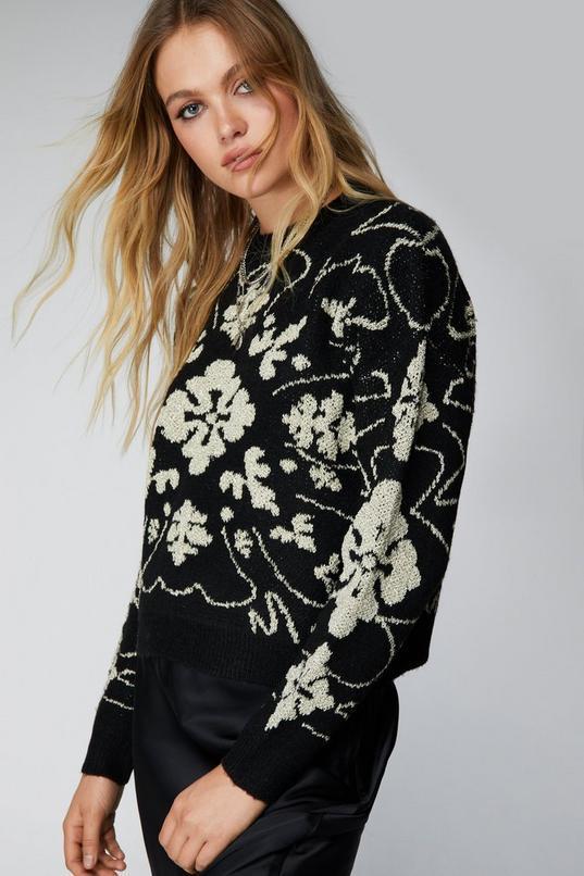 Relaxed Floral Metallic Flecked Knit Sweater Product Image