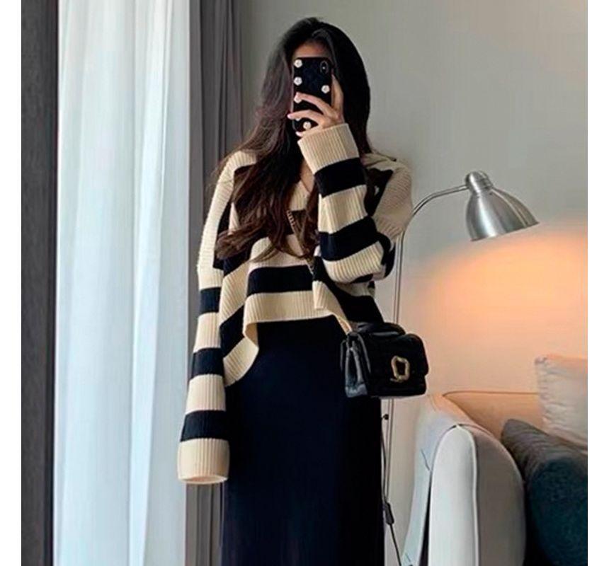 Maternity Collar Striped Oversized Sweater / Sleeveless Scoop Neck Plain Knit Midi A-Line Dress Product Image