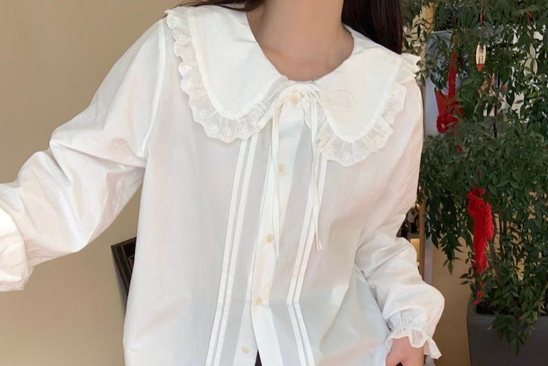 Long Sleeve Peter Pan Collar Plain Ruffle Trim Blouse Product Image