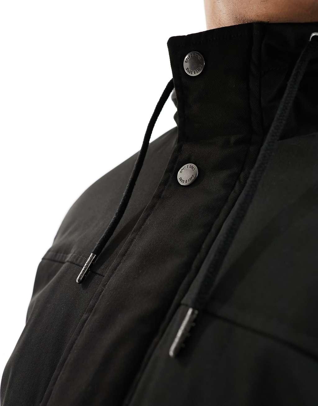 Only & Sons parka with borg lined hood in black Product Image