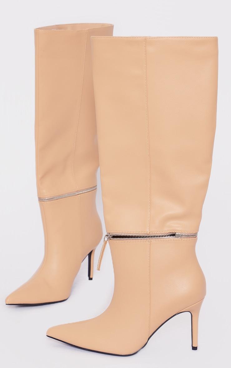 Beige Pu Point Toe Zip Off Knee High Stiletto Boots Product Image