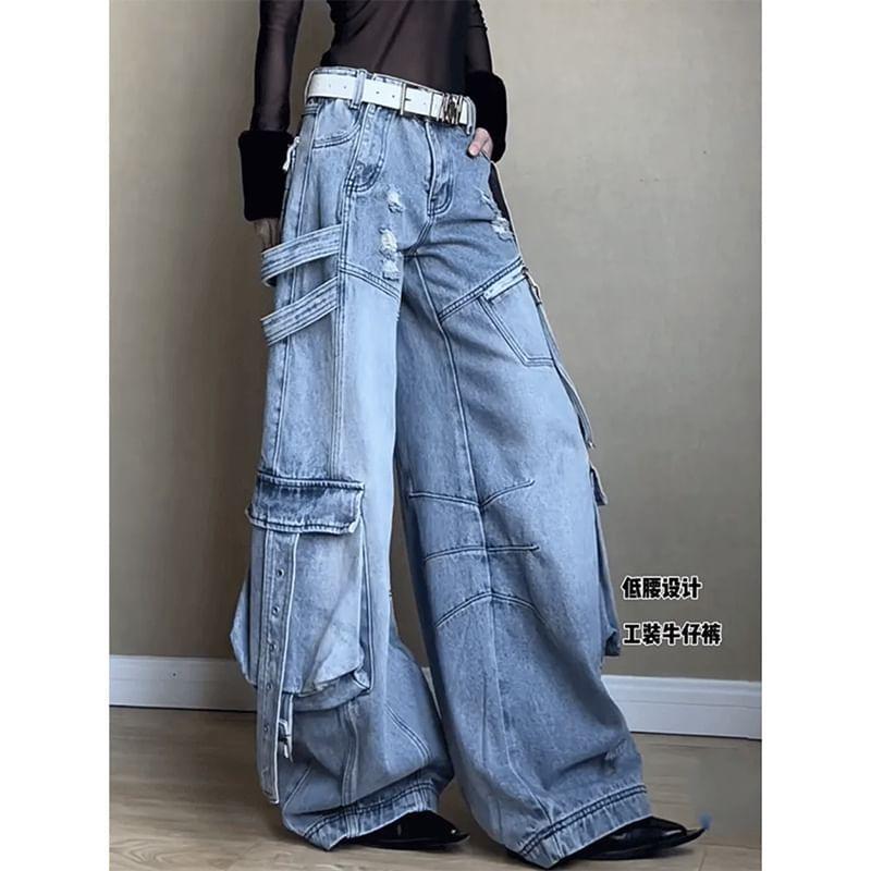 Mid Waist Distressed Washed Pocket Detail Wide Leg Jeans Product Image