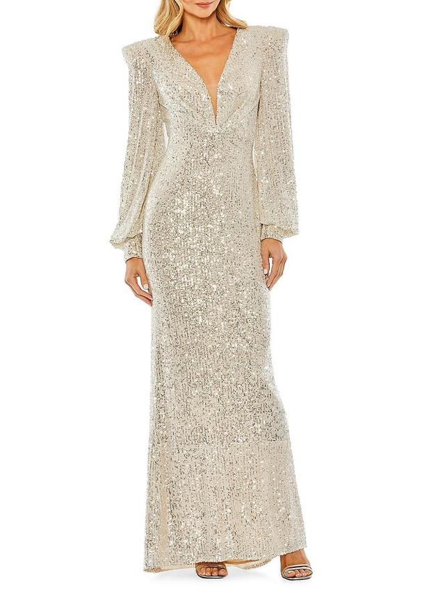 Womens Sequined Blouson-Sleeve Plunge Gown Product Image