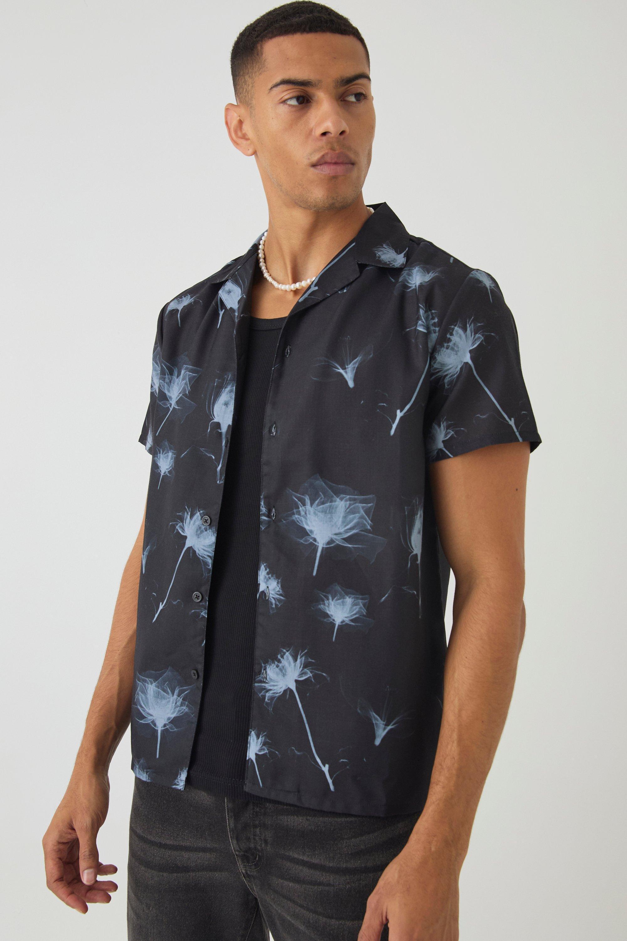 Mens Black Regular Fit Floral Print Shirt, Black Product Image