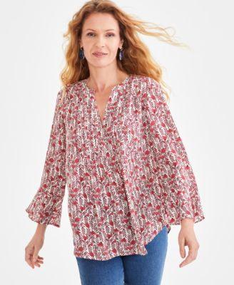 Petite V-Neck Pleated Floral-Print Top, Created for Macy's Product Image