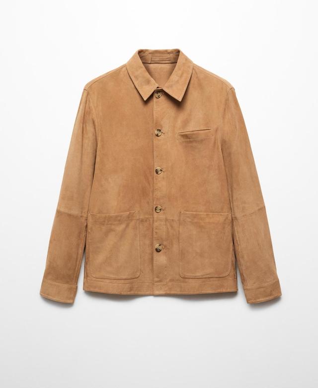 MANGO MAN - Suede leather overshirt with pocket medium brownMen Product Image