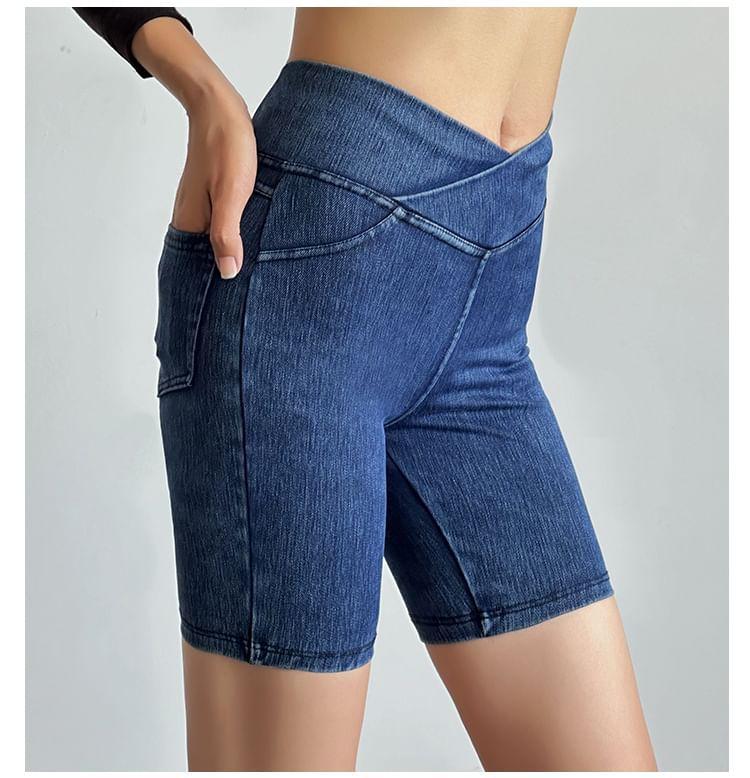 High Waist Denim Sports Shorts Product Image