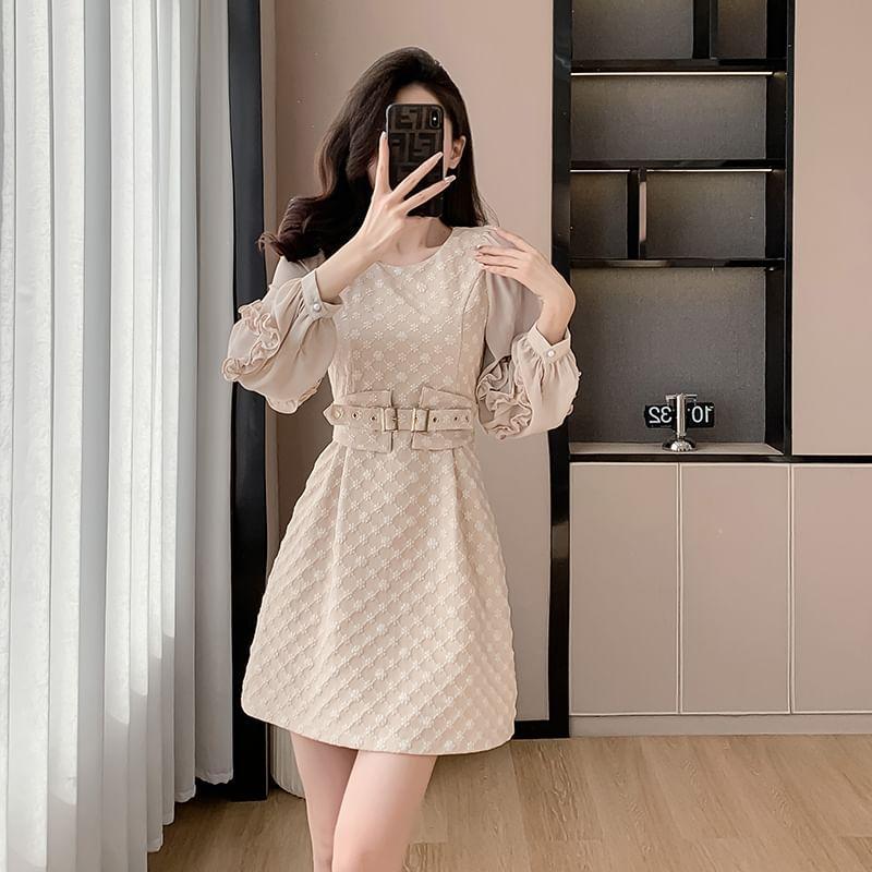 Long-Sleeve Round Neck Floral Mini A-Line Dress Product Image