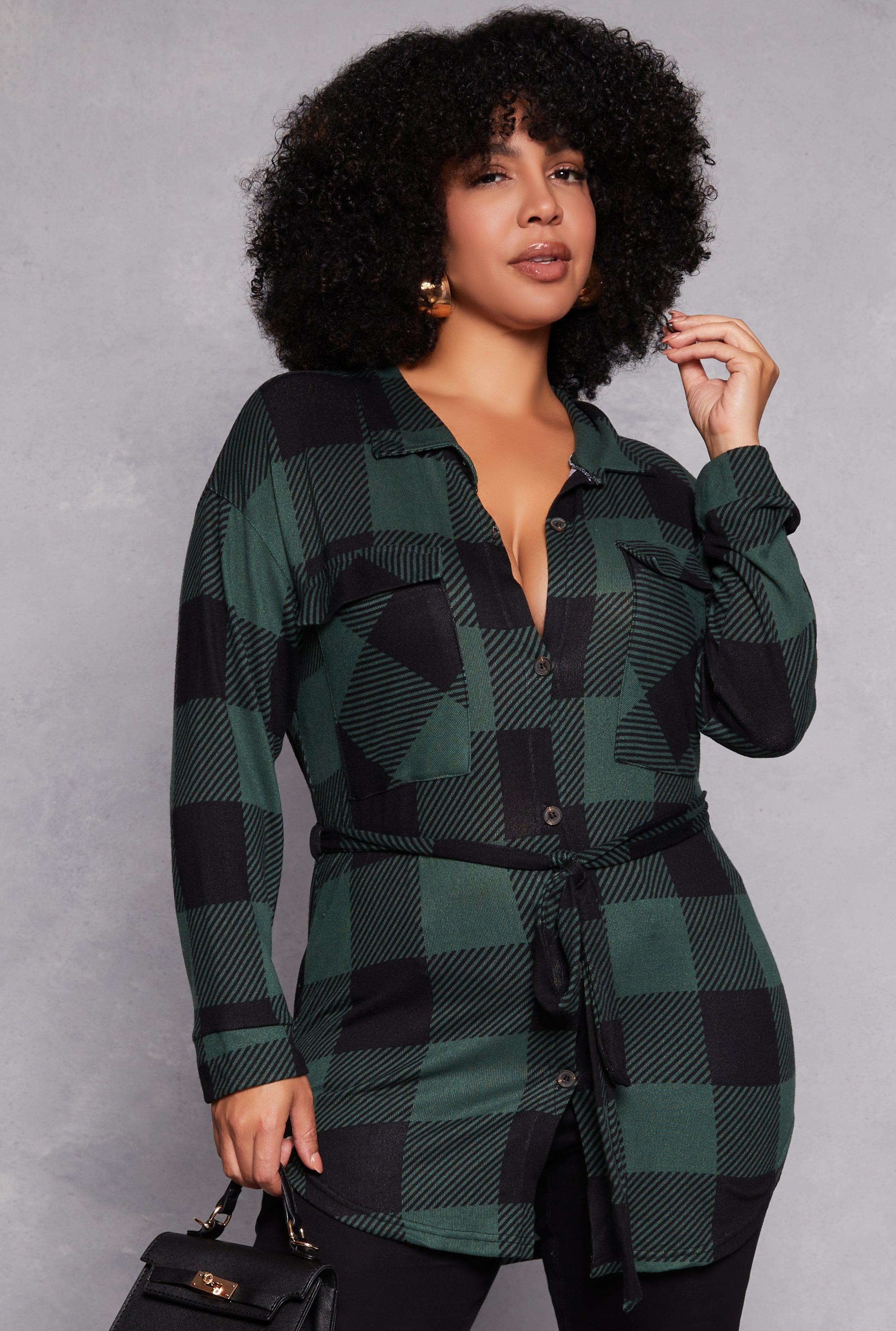 Womens Plus Size Buffalo Plaid Tie Waist Belted Shirt Product Image