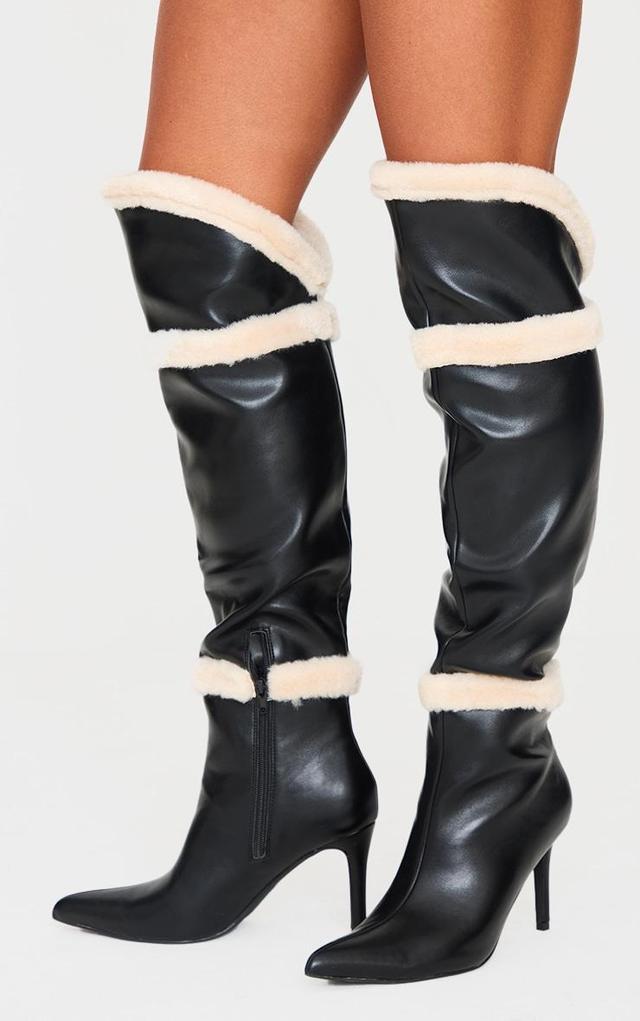 Black Pu Point Toe White Faux Fur High Stiletto Over The Knee Boots Product Image