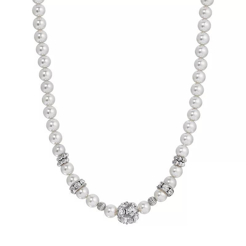 1928 Silver Tone Faux Pearl & Crystal Necklace, Womens, White Product Image