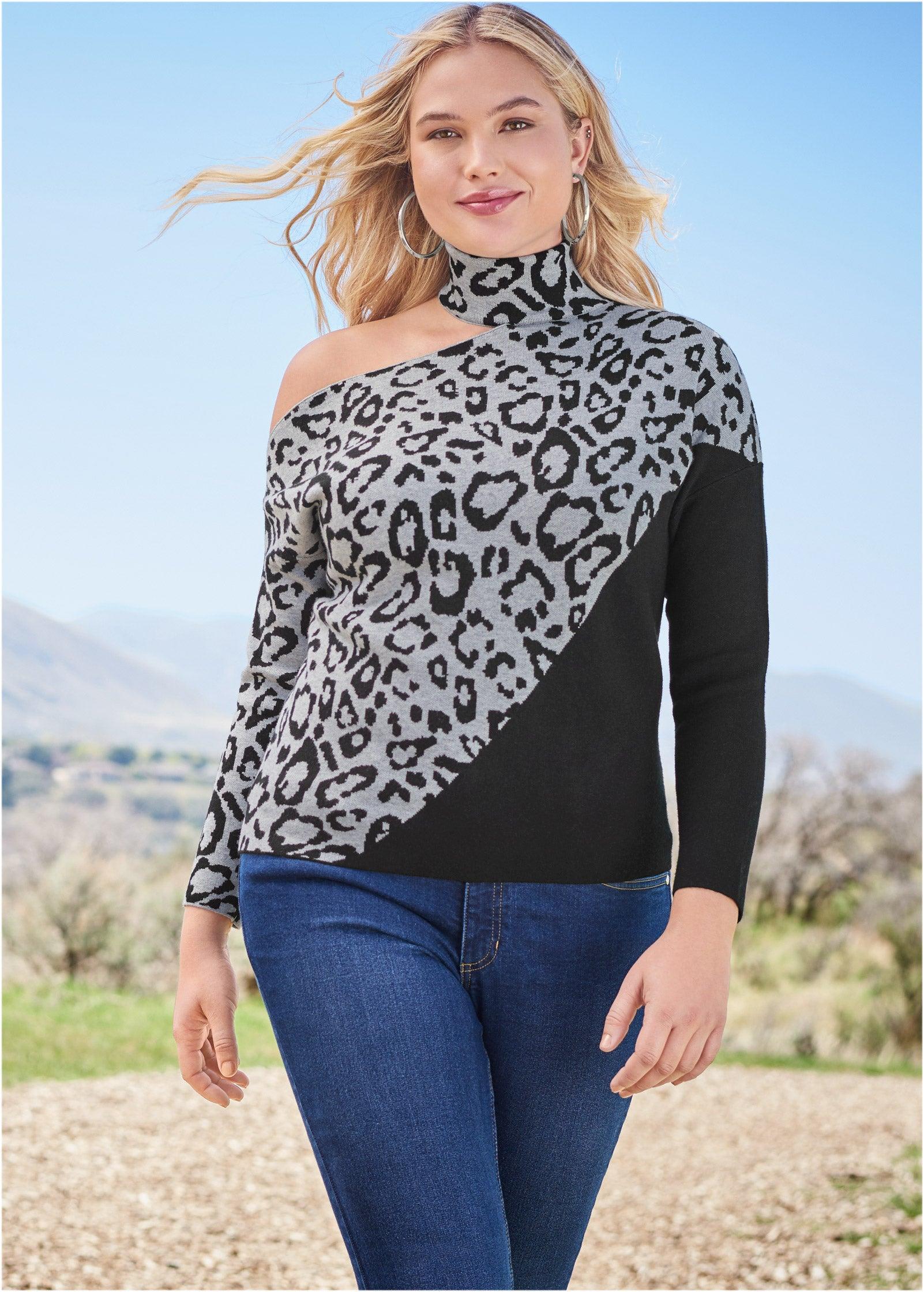 Leoprd Print One Shoulder Sweater - Grey & Black Product Image