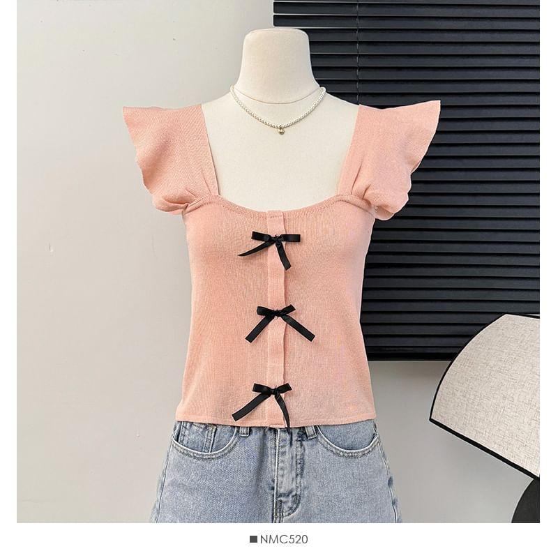 Cap-Sleeve Square-Neck Ribbon Crop Top Product Image