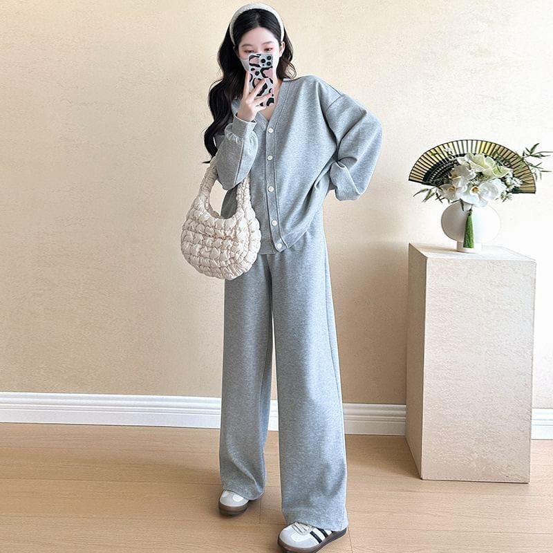 Maternity Set: V-Neck Button-Up Cardigan + High Waist Straight Leg Pants Product Image