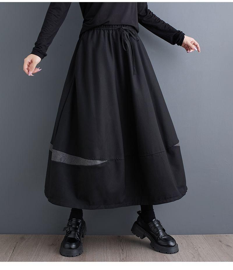 Drawstring Waist Two Tone Midi A-Line Skirt Product Image