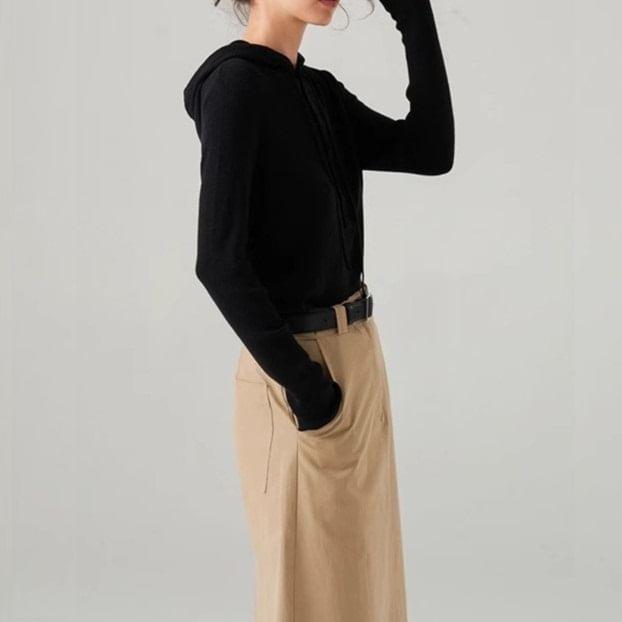 Long Sleeve Henley Plain Hood Knit Top Product Image