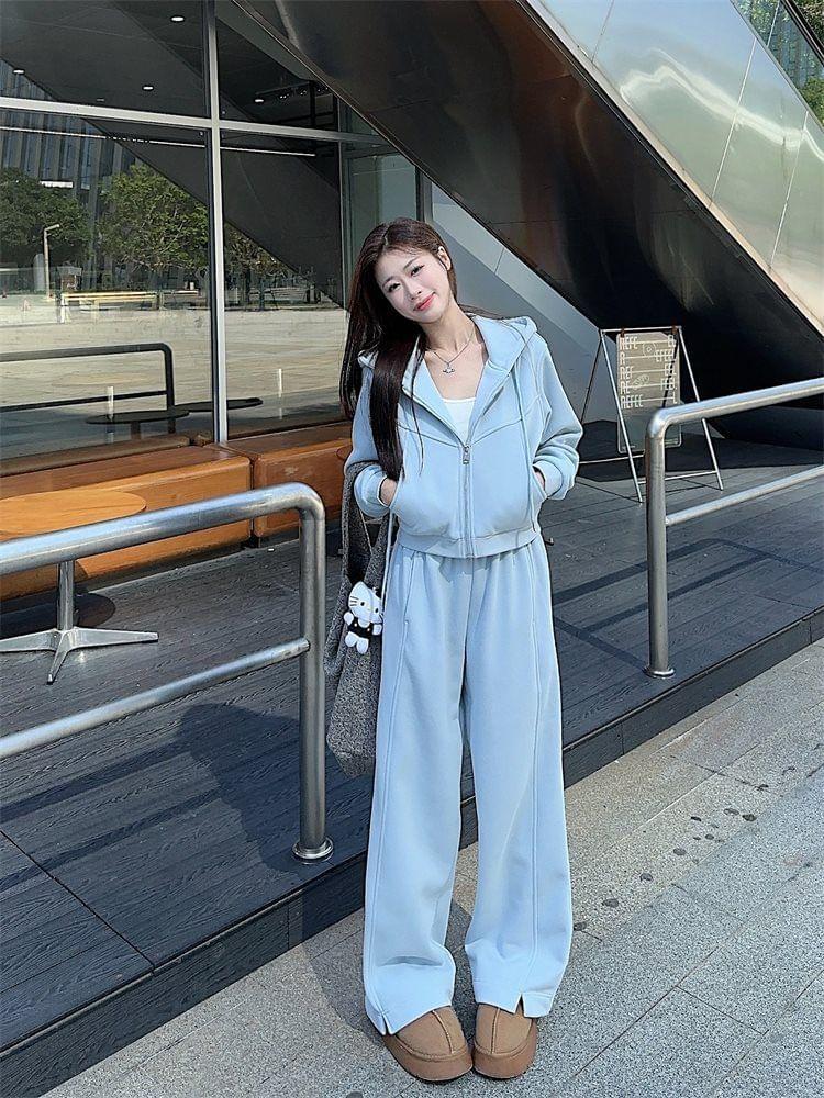 Plain Zip-Up Crop Hoodie / High Waist Slit Wide Leg Sweatpants Product Image