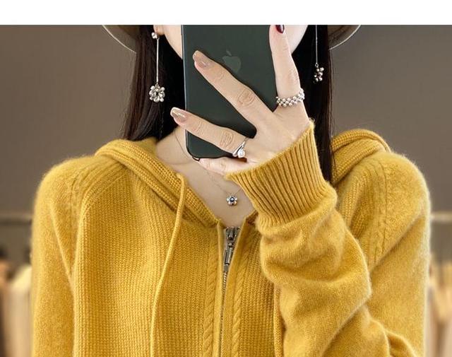 Drawstring Ribbed Hooded Zip Cardigan Product Image